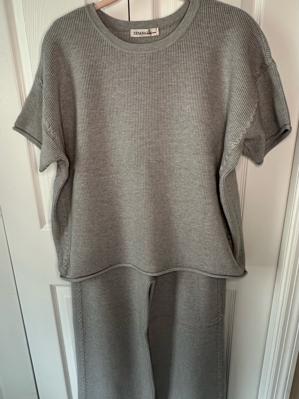 NWT Zenana Beautiful Gray Sweater Short Sleeve Top and Pant Set